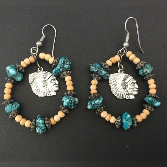 TURQUOISE Beaded Hoop Ethnic American Native Chief Boho Pendant Hoops Earrings - Picture 3 of 3